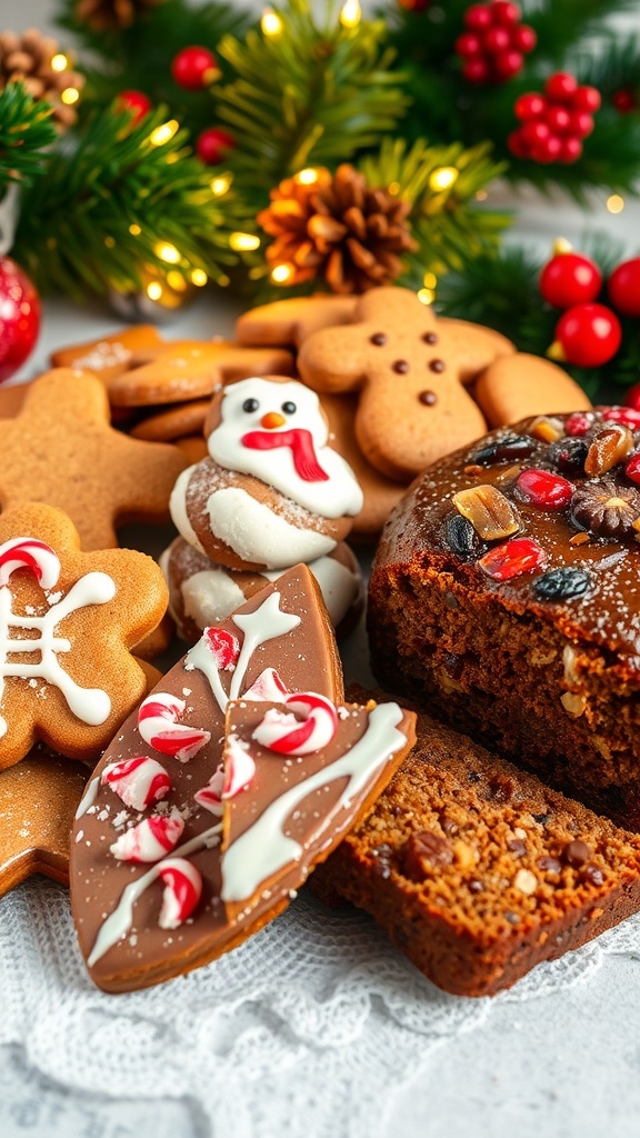 An assortment of Christmas baked treats including gingerbread cookies, peppermint bark, and fruitcake on a festive table.